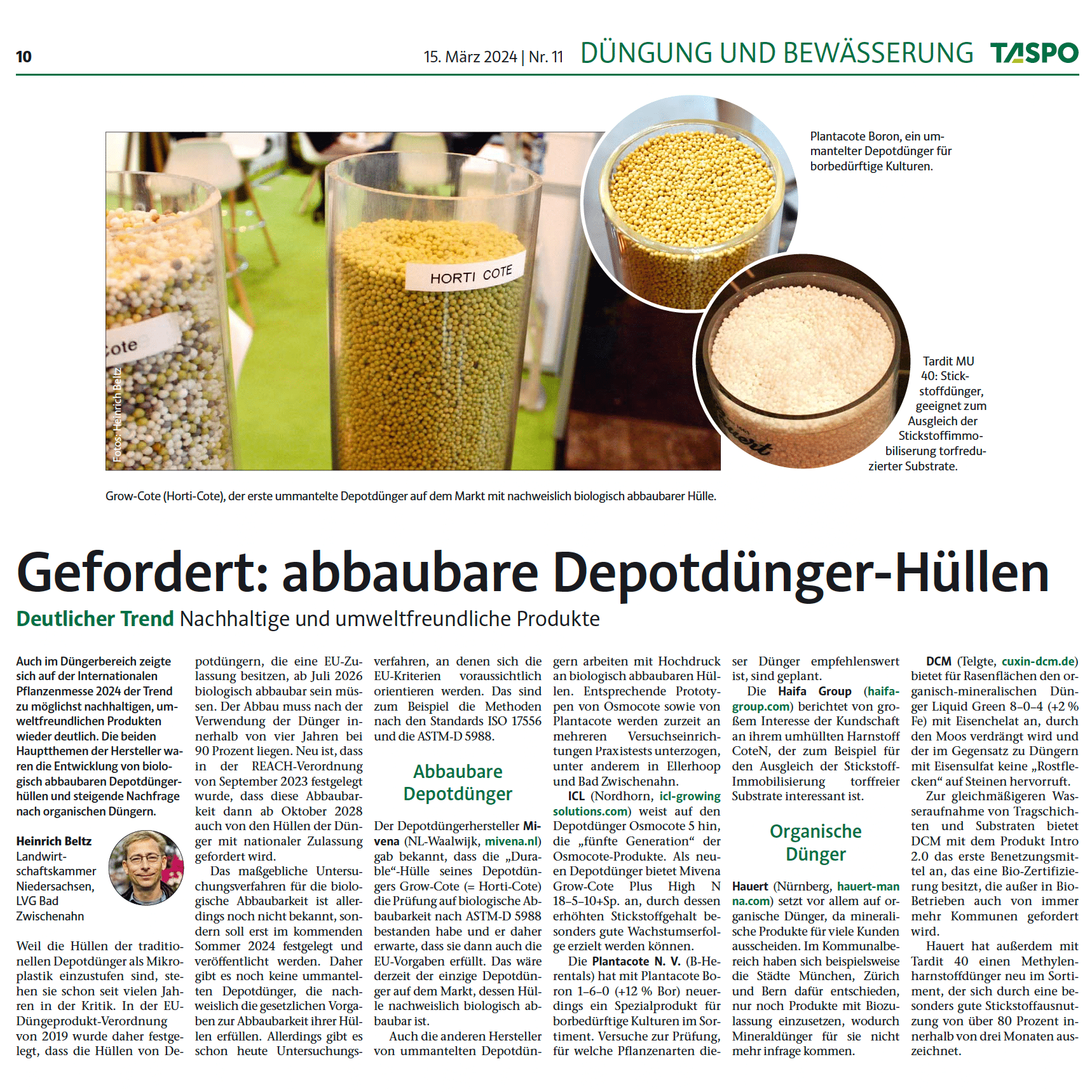 TASPO-Artikel  Erforderlich: biologisch abbaubare Beschichtungen fr  beschichtete Dngemittel - Mivena | Spezialdngemittelunternehmen
