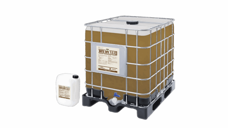 Biota NPK 7-2-3 liquid fertilizer in large IBC container and 20L jerrycan