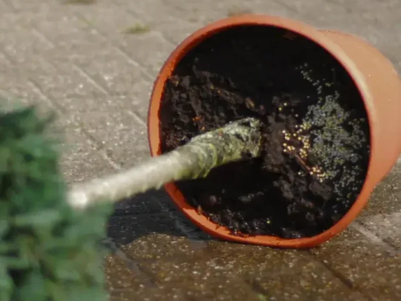 Fallen plant pot with ornamental shrub, CRF fertilizer visible in soil – controlled release nutrients for long-term growth